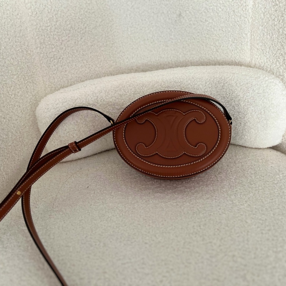 Celine Brown Leather Triomphe Oval Crossbody